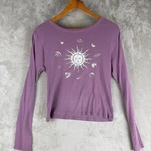 Rebellious One Womens XL Purple Celestial Sun Planet Graphic Long Sleeve Top
